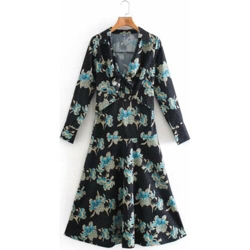 Women Dress Za Vintage Floral Print Bow Tie V-neck Dress Long Sleeve A-Line Mid-Calf Dresses Female Elegant Dress Mujer Vestidos