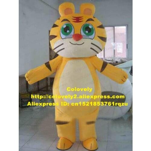Attractive Yellow Tiger Tigerkin Tigress Mascot Costume Cartoon Character Mascotte Green Bright Eyes Red Nose Small Ears ZZ1120