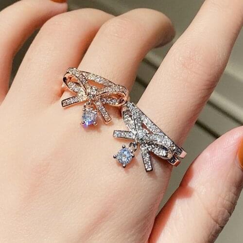 Luxury Elegant Bow Adjustable Rings Women Double Layer Fashion AAA Zircon Ring Korean Lovers Brand Jewelry Z233