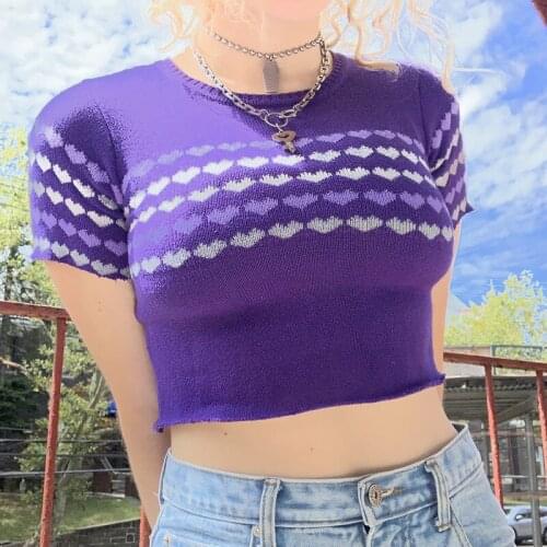 SEASONS Heart Knitted Cropped Tshirt Women Casual Summer Short Sleeve T-shirt Ladies Y2K 90s Fashion Tee Shirt Femme ASTS82649
