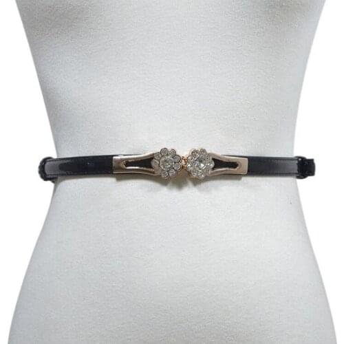 Rhinestone Flower Thin Belts Women PU Leather Stretch Skinny Waist Belt for Dress Female Ladies Adjustable Waistband