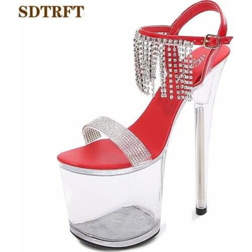 SDTRFT Stilettos zapatos mujer 20cm thin heels Transparent platform diamond Tassels sandals Buckle shoes woman Party Dance pumps