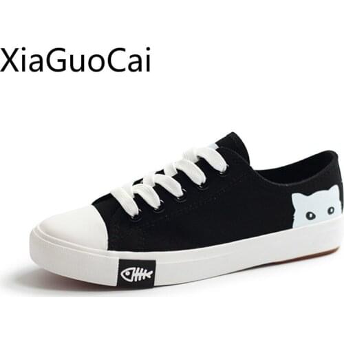 Cute Fashion Women Canvas Shoes Cat Cartoon Rubber Flat Casual Shoes for Spring and Autumn Black Low Top Shoes Lu7 35