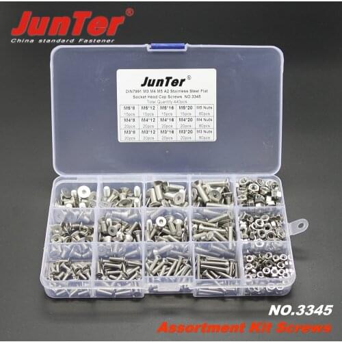 High-quality 440pcs M3 M4 M5 A2 Stainless Steel DIN7991 Flat Socket Head Cap Screws With Nuts Assortment Kit NO.3345