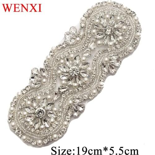 WENXI 5CS Bridal Gown Sash Rhinestones Appliques Hand Beaded Rose Gold Crystal Iron On For Wedding Dress Belt