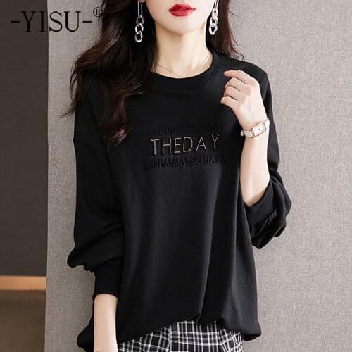 YISU Women Loose Sweater Autumn O-Neck Tops Solid color Letters Female Knitted pullover Long sleeve Jumper Women clothing 2021