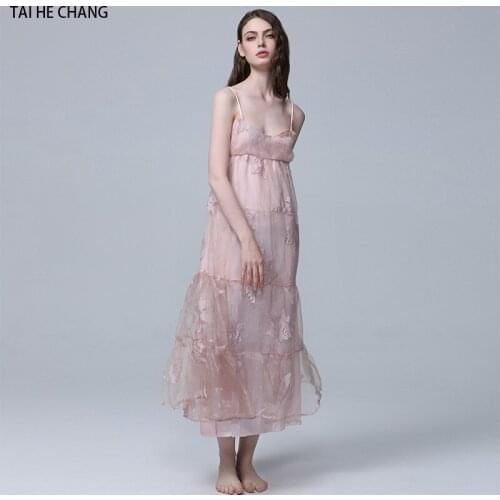 Women dress designer vestidos elegant runway loose bohemian spaghetti strap party maxi sexy backless mesh beach embroidery