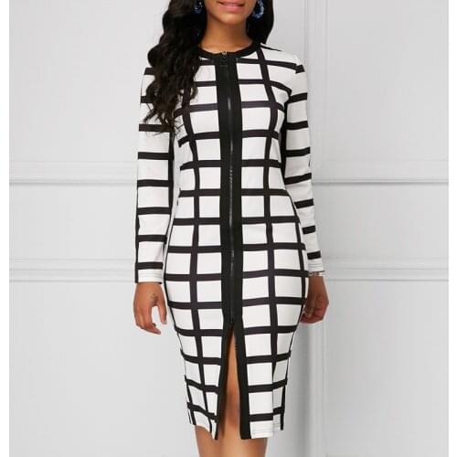 2020 Plus Size Fashion Women Dress 5xl New Autumn And Winter Dress Casual Black And White Plaid Zipper Slim Office Tight Dress