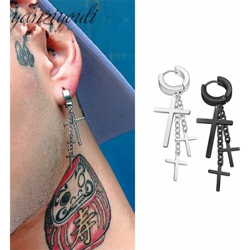 1Pc 2020 New Design Punk Street Pop Hip Hop Stainless Steel Earrings Cross Pendant Dangle Long Drop Chain Tassel Titanium Buckle