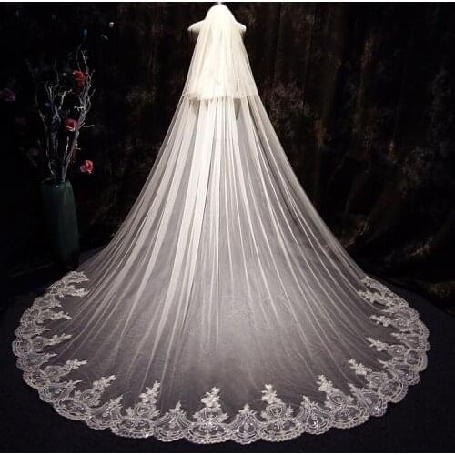 3 Meters Long Full Lace Edge Sequins Wedding Veil Two Layers Champagne Tulle Bridal Veil With Comb Veu de Noiva Longo Vail