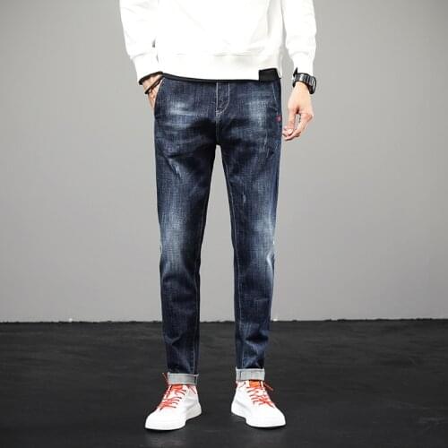 Free shipping 2019 new autumn and winter mens fashion mini harem pants thick jeans bag red embellished stretch pencil pants