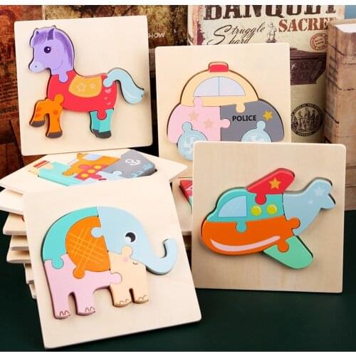 Cartoon Colorful Animal Traffic Wooden 3D Puzzle Kid Early Educational Brain Teaser Tangram Development Toys For Children Jigsaw