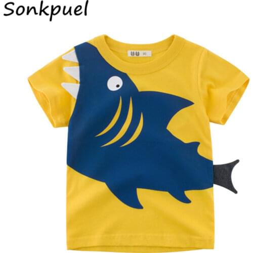 Boys T-Shirts Summer Kids Tops Tees Baby Boy Cotton Clothes Children Yellow Cartoon Shark T-Shirt Casual Short Sleeve Clothing