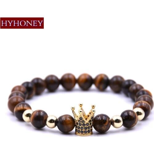 HYHONEY 8MM Natural Stone Beads Bracelets & Bangles Micro Pave Zirconia CZ Crown Charm Bracelets Men Jewelry pulseras