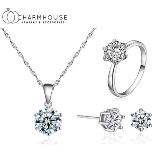 Pure Silver Jewelry Sets For Women 8mm Cubic Zirconia Pendant Necklace Earrings Ring 3 pcs Jewellery Set Party Gifts Bijoux