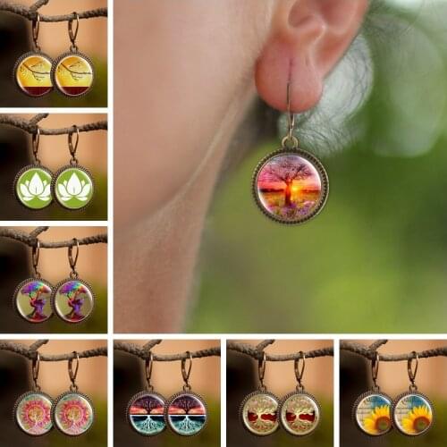 2019 Creative Tree of Life Dangle Earrings Fashion Art Photo Glass Cabochon Earrings Handmade Accessories for Women Girls