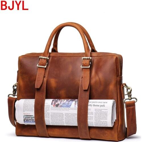 New Mens Crazy Horse Leather Handbag genuine Leather Large Capacity men Computer Bag Cowhide Shoulder Diagonal Briefcase 15.6"