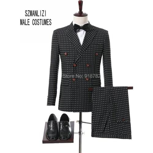 New Arrival 2018 New Fashion Black Dot Suit Men Two Pieces Set Double Breasted Suit Costume Homme Tuxedo Slim Fit Wedding Suit