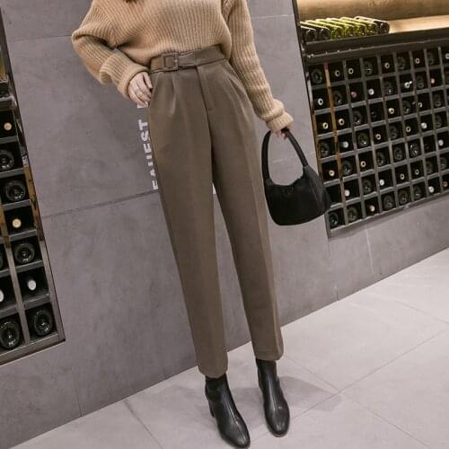 Autumn Winter 2020 New Woolen Formal Womens Harem Pant Sashes High Waist Office Lady Ankle-Length Chic Elegant Pant Pocket