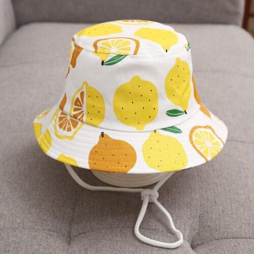 Spring Autumn Cartoon Lemon Print Baby Bucket Hat Strap Thin Cotton Fisherman Hats Kids Summer Toddler Boys Girls Panama Sun Cap