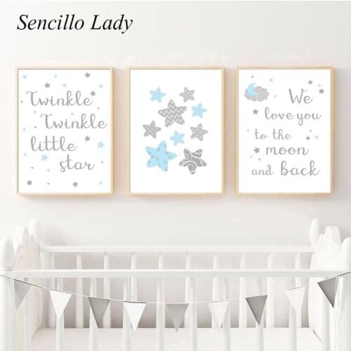 Baby Nursery Quotes Canvas Wall Art Painting Blue Child Poster Print Stars Cloud Minimalist Picture Kid Boy Bedroom Decoration