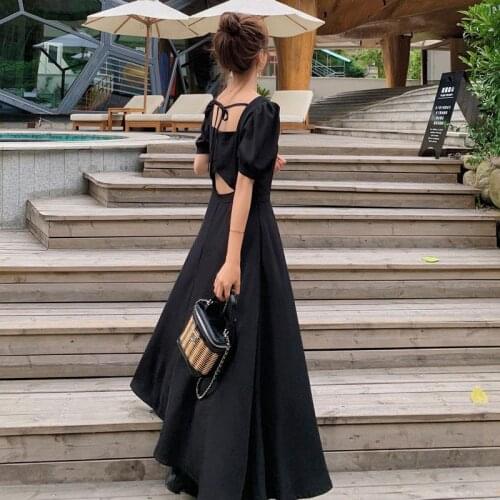 Dress Womens Chic Vintage Black High Waist Square Collar Puff Sleeve Backless Classy Retro Elegant French Female Clothing Y262