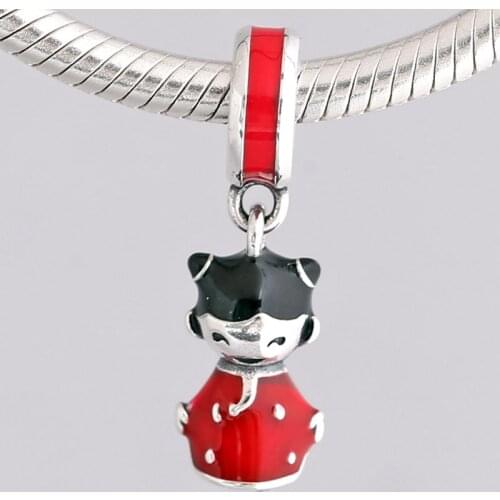 Original Black & Red Enamel Chinese Doll Pendant Beads Fit 925 Sterling Silver Bead Charm Bracelet DIY Jewelry