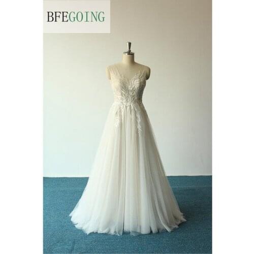 Simple Ivory Lace Tulle Sleeveless Bridal gown Floor-length A-line Wedding dress Sweep Train Custom made