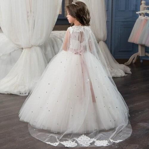 Pink Beaded Sash Flower Girl Dresses Princess Long Puffy Tulle Prom Dress Kids Evening Gown with Lace Cape vestido princesa