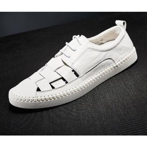 Summer New Sandals for men Flat heel White Black Genuine leather Mens Cut out Weave Leisure Gladiators