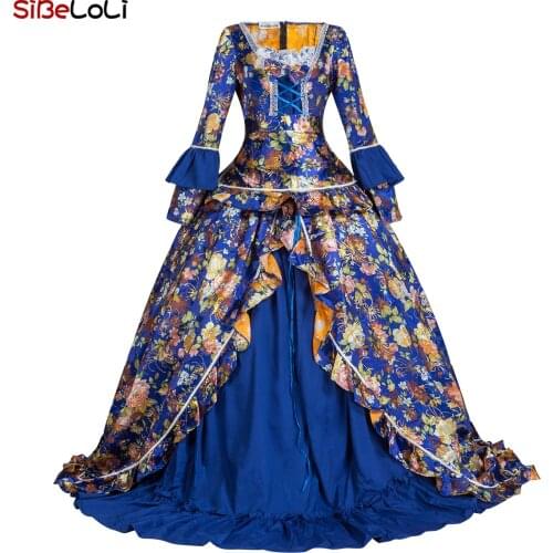 Blue Floral Brocade Rococo Marie Antoinette Dress Renaissance Steampunk Gothic Victorian Ball Gown Costume