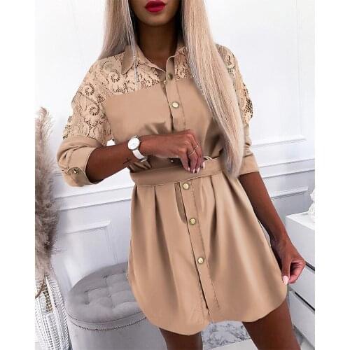V-neck Long Sleeve Shirt Dress Sequined Lace Print Patchwork High Waist Button Down Dress Vestidos HIRIGIN 2020 Sexy Women OL