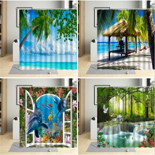 Natural Scenery Shower Curtain Flower Plants Waterfall Beach Palm Tree Sea landscape Bathroom Curtains Bathtub Wall Cloth Sets