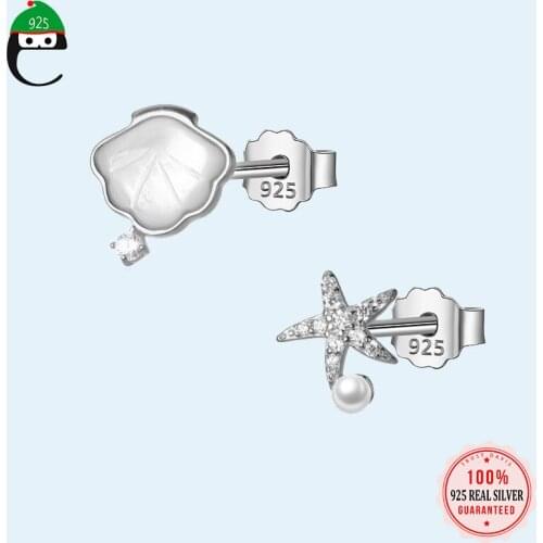 ElfoPlataSi Real 925 Sterling Silver Fashion Sweet Asymmetric Shell Starfish CZ Stud Earrings For Women Wedding Jewelry DD953