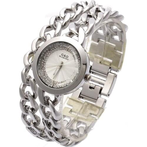 G&D Women Watch Double Chain Stainless Steel Band Womens Silver With Rhinestone Luxury Fashion Quartz Wrist Watch Todays Deal
