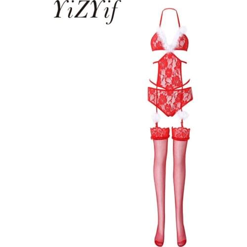 Christmas Nightwear Body stockings Floral Lace Exotic Lingerie Set Feather Trimmed Halter Neck Bikini Leotard Bodysuit for Women