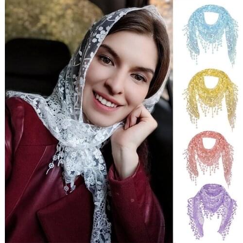 Female Tassel Shawls and Scarves Spring Autumn Women Silk Flower Lace Triangle Pendant Scarf Fashion Women Dress Accessories