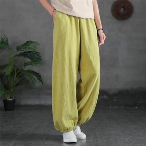 Women Cotton Linen Casual Elastic Waist Harem Pants 2021 Autumn New Loose Comfortable All-match Full Length Pants