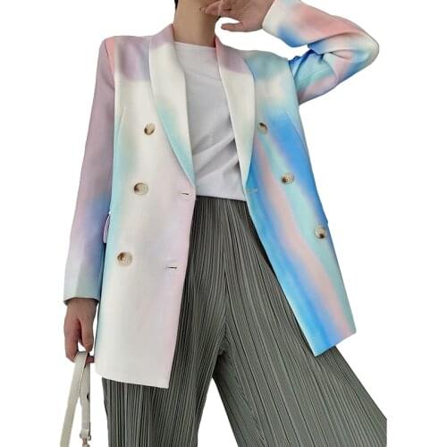 Korean Tie-dye Print Double Breasted Women Blazers Turndown Collar Casual Spring Autumn Loose Long Sleeve Mid-length Female Coat