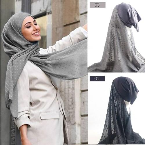 Women Chiffon Dot PomPom with Tube Cap Bubble Hijab Scarf Long Shawl with underCap Wrap Muslim Headband shawls