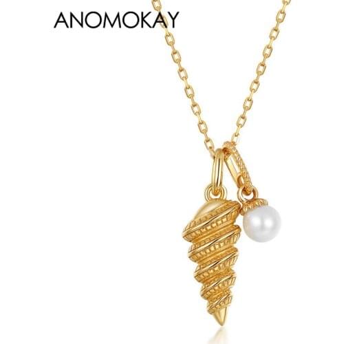 Classic Ocean Style Gold Color Conch with Pearl Pendant Necklace for Holiday Casual Gift 925 Sterling Silver Sea Necklaces