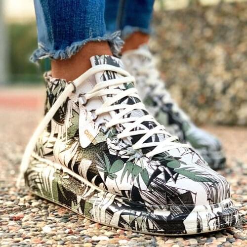 Chekich Unisex Sport Boots White and Black Colorful Pattern Artificial Leather Shoes for Men and Women Lace Up Big Size Print Winter Fall Sneakers Casual Sewing Sole Lightweight Odorless Floral Khaki Air CH265 V4