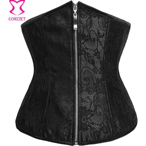 Black Satin&Floral Lace Overlay Underbust Corset Wait Trainer Sexy Waist Shaper Bustier Corpete Corselet Zipper Gothic Lingerie