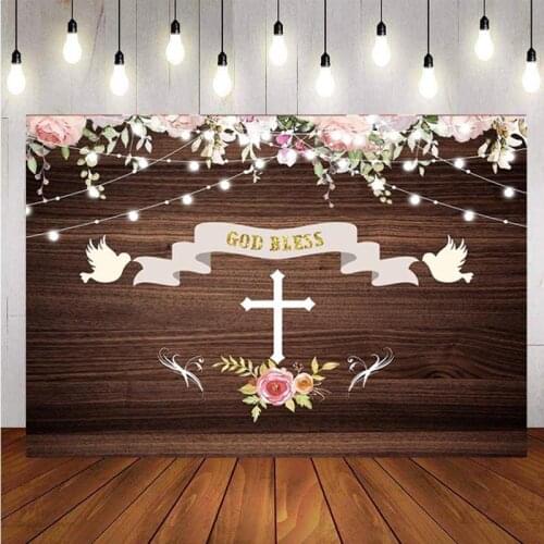 First Communion Baptism Backdrop Rustic Wood God Bless Christening Baby Shower Birthday Party Photography Background Banner