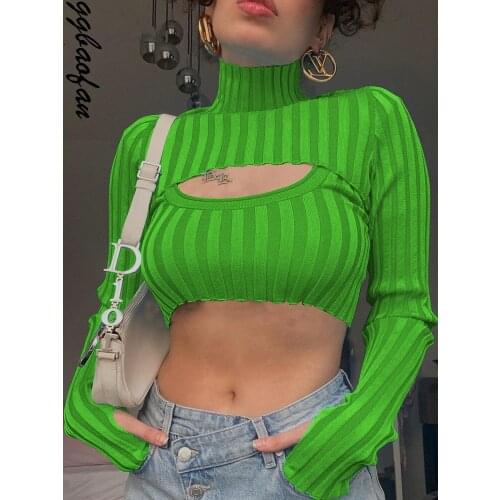 Ggbaofan 2021 Autumn Fashion Turtleneck Women Top 2-Pieces Long Sleeve Cropped Top T-Shirts Y2K Striped Knitted Top Tees Slim