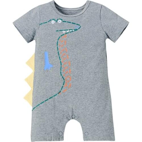 Newest Baby Boys Dinosaur Print Romper with Buttons, Short Sleeve Round Collar Jumpsuit for Summer 0-24Months