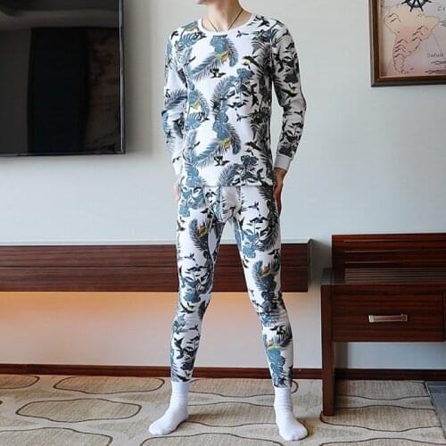 Mens Thermal Underwear Sets Cotton Thicken Winter Warm Mens Underwear Tops+Pants Fashion Printed Thermal Underwear Set