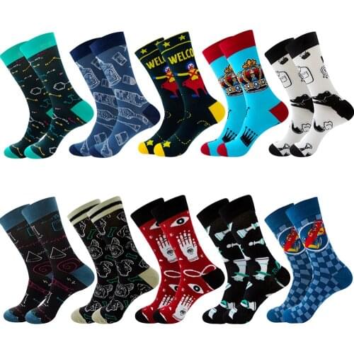 Colorful Mens Socks Harajuku Happy Funny Symbol International Chess Geometric Formula Crown Car Clown Women Cotton Sock
