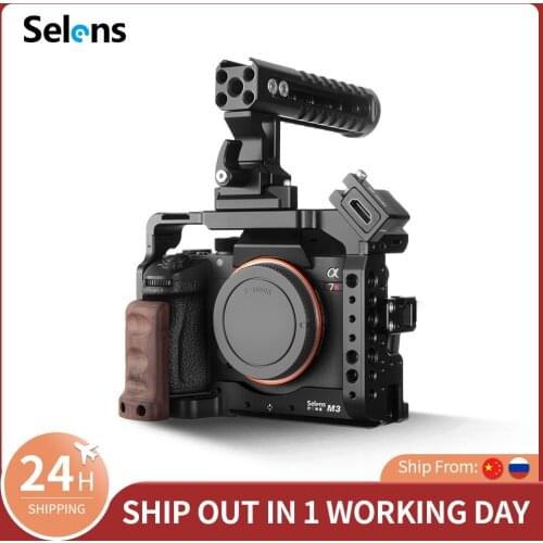 Selens a7iii a7r3 a7m3 Camera Cage Rig For A7III A7R3 A7M3 Cold Shoe Mount with Aluminum Top Handle Grip Pearwood handle