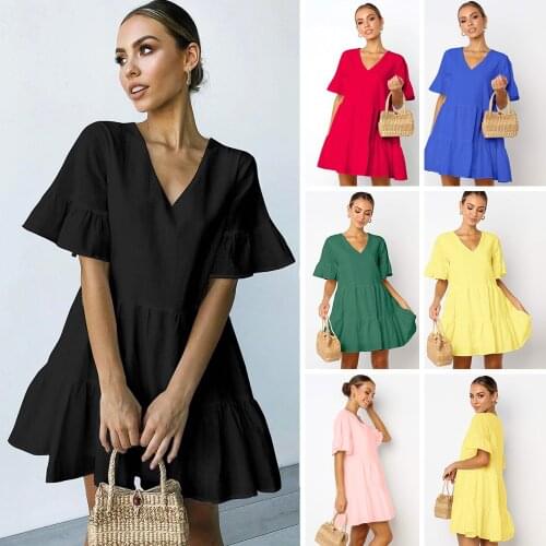 Summer Dress Women Casual Ruffles Loose Black Dresses Short Tunic V-Neck Volant Swing Mini Dress For Women Vestidos Femme Robes